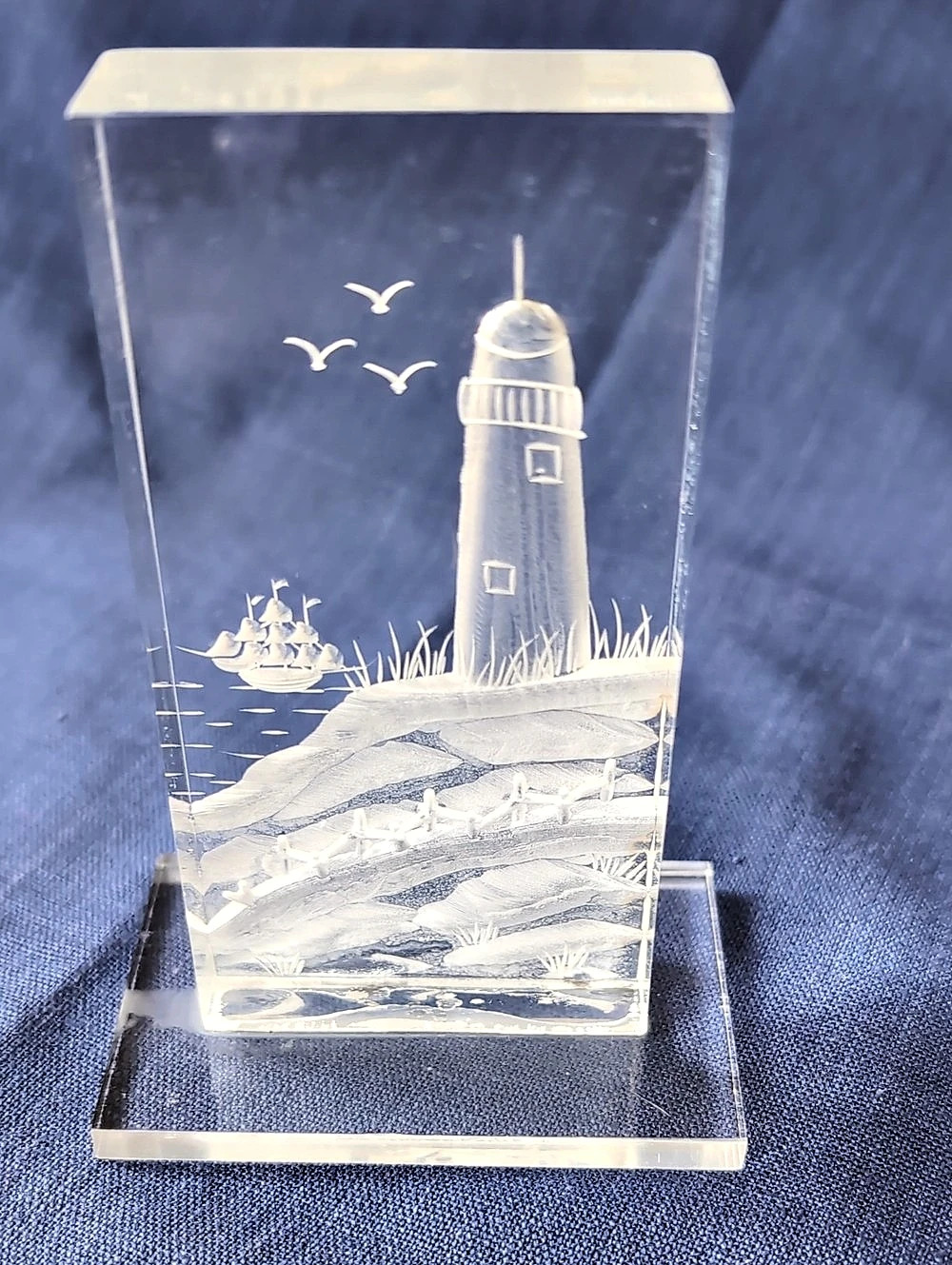 Vintage Clear Reverse Eched Lighthouse Coastal Decor/paperweight